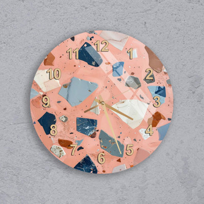 Pink Terrazzo Wall Clock, Modern Mosaic Stone Art, Tempered Glass Decor, Pastel Peach Abstract Timepiece, Boho Kitchen & Nursery Gift