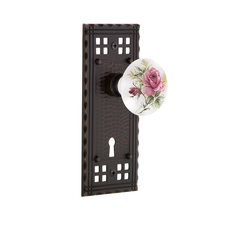 Craftsman Plate with Decorative Keyhole and White Rose Porcelain Door Knob, Timeless Bronze