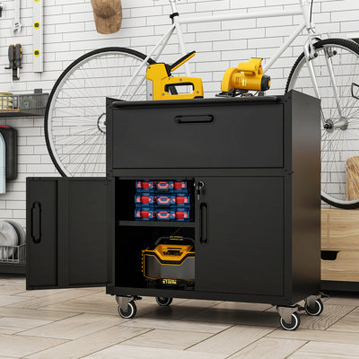 Armoire à outils en métal avec roulettes, armoire de rangement avec 1 tiroir et 2 portes verrouillables, armoire de rangement pour outils roulante