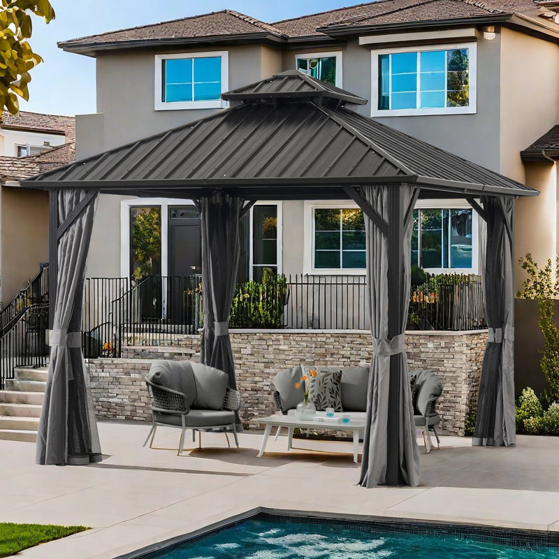 12 Ft. W x 12 Ft. D Outdoor Aluminum Hardtop Gazebo With Double Metal Roof And Curtains