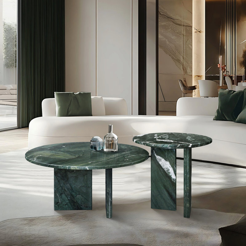 Ensemble de tables basses gigognes en marbre naturel vert (2 pièces) - Centre de table rond en pierre moderne