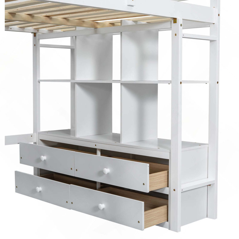 Lit mezzanine avec bureau intégré, 2 tiroirs et tablettes de rangement pour une solution de chambre à coucher peu encombrante
