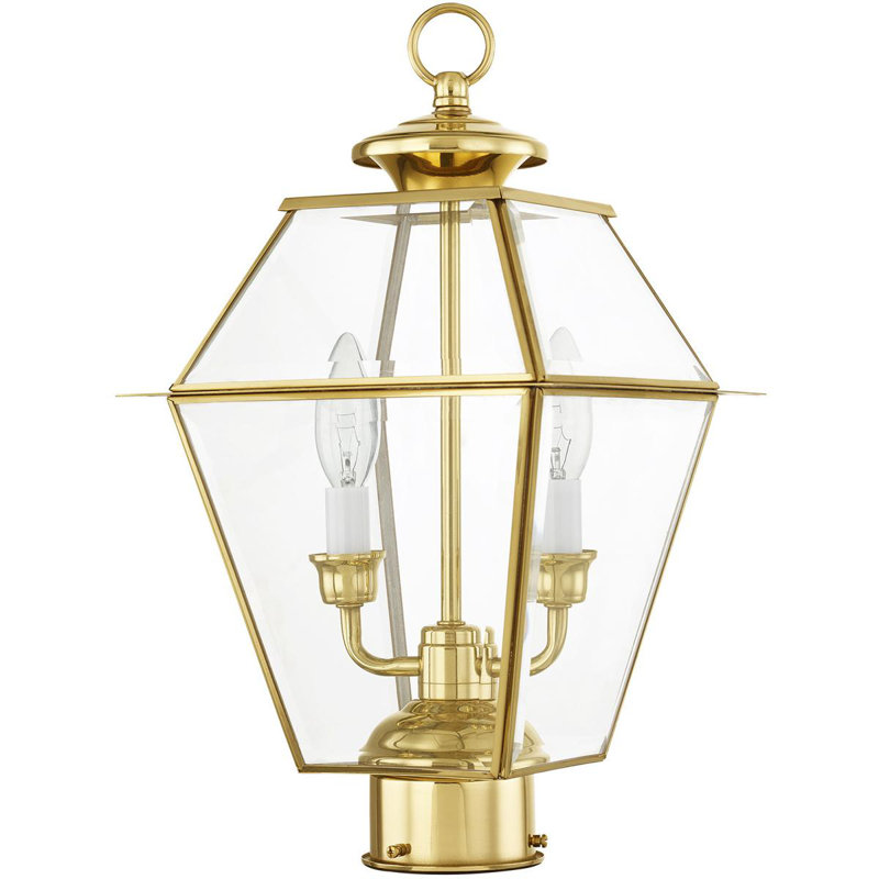 9 Inch 2-Light Outdoor Post Lantern Pendant with Clear Beveled Glass Shade, Brass