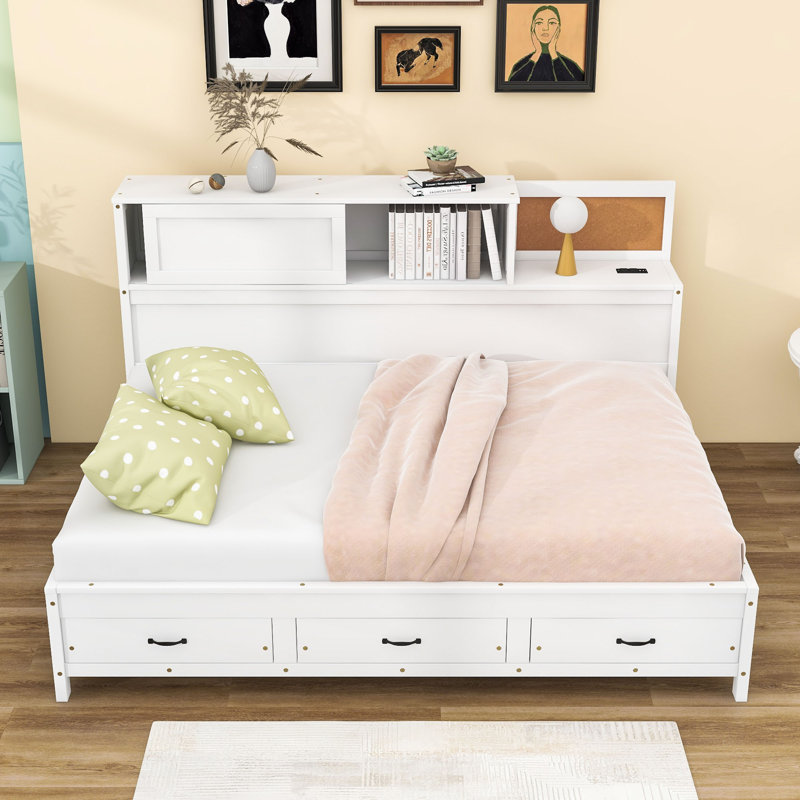 Versatile Wooden Daybed with Built-In Storage Drawers, USB Ports and Pushable Top Shelf, Gray, Full
