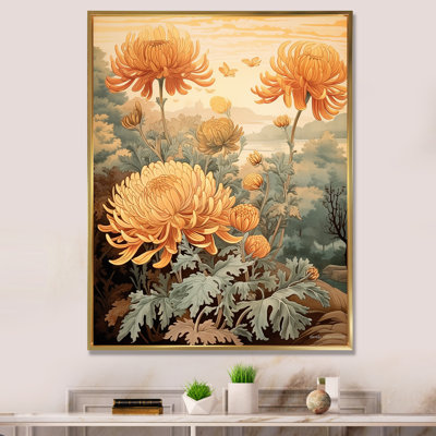 «Blooming White Orange Chrysanthemum Retro Art I», reproduction