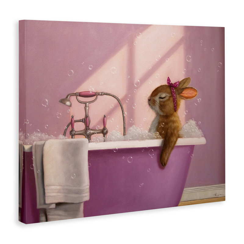 Lapin en toile de bain relaxante rose, design par Lucia Heffernan, H 16 po x l 20 po