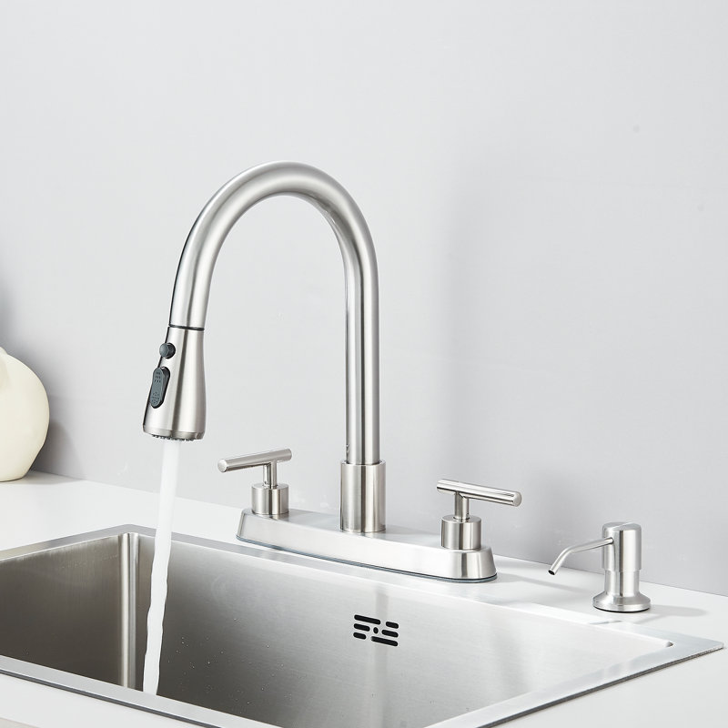 Brushed Nickle Kitchen Faucet with Soap Dispenser 8 Inch Dual Handle Pull-out Kitchen Faucet,High Arc Modern Sink Faucet for 3-4 Hole