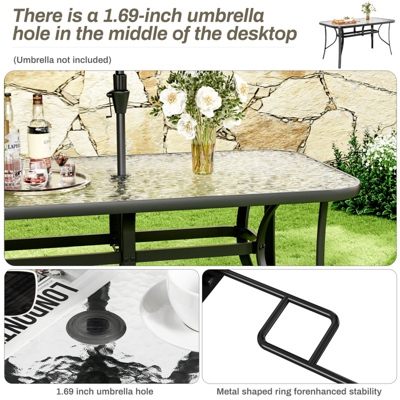 Wrought Studio Patio Outdoor Table W/ 1.69? Umbrella Hole, 30"x 55"  Rectangular Tempered Glass Patio Dining Table For 6, Outdoor Metal Furniture,  All-weather Use, For Patio, Garden, Backyard, Poolside & Reviews |