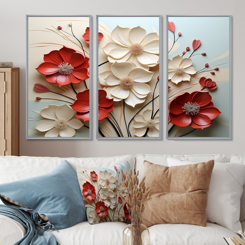 Gordan - Ensemble de décoration murale fleur, H 28 po x l 36 po x P 1 po, Cadre argenté flottant