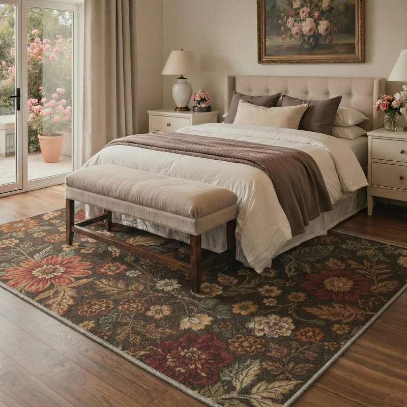 Ammons Blossom Floral Machine Washable Brown / Green / Red Indoor Area Rug With Non-Slip Backing, Rectangle 9' x 12'