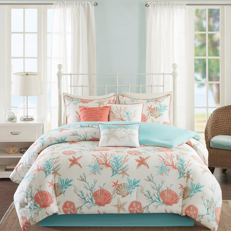 Édredon grand corail - 7 pièces en coton avec imprimé Coastal Life, jupe de lit unie incluse dans la literie marine, Corail