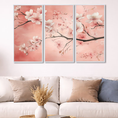 Soft Sakura Cherry Blossom Bloom I – Ivory Floral Framed Canvas Wall Art Set of 3