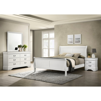 Blanc 4 chambres pour grand lit, avec poignées de couleur foncée et tête de lit à panneau avec miroir réglable en bois