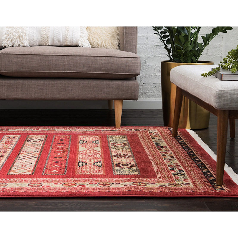 Tapis décoratif géométrique rouge profond Frederik, Rectangle 5 pi x 8 pi