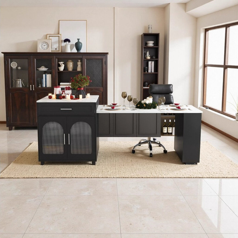 Îlot de cuisine de 80 po avec table de salle à manger, comptoir en grain de marbre avec prise de courant, chariot de rangement mobile avec armoire et 2 tiroirs, noir