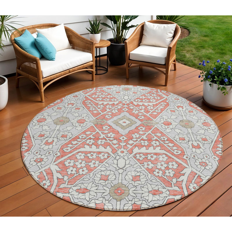 Tapis d'intérieur rond lavable floral 8 pi gris saumon et taupe