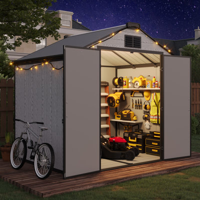 8 x 6 FT Outdoor Storage Shed, Resin Garden Tool Shed with Lockable Double Doors, Built-In Floor & Weather-Resistant Sloped Roof for Backyard Storage, Pool Supply