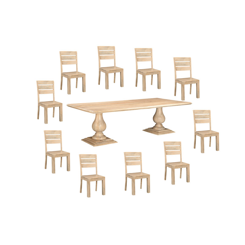 Josiane Solid Wood Top Double Pedestal Dining Set, 11 Pieces: Table, 10 Chairs, Natural, 30" H x 96" L x 42" W