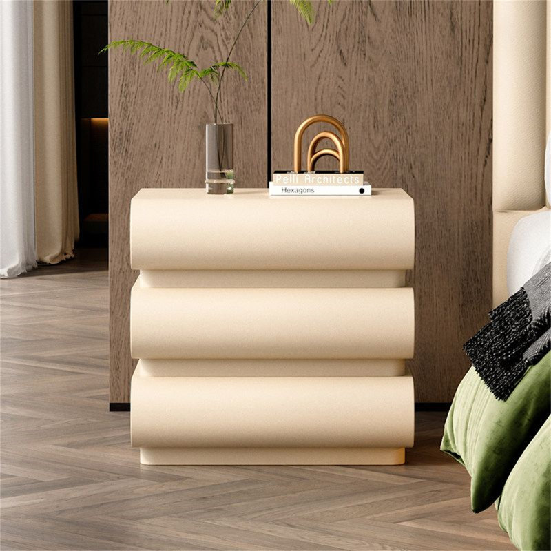 Modern Cream Leather 3-Drawer Nightstand – Minimalist Italian Style Solid Wood Bedside Cabinet with Rounded Edges, Contemporary Bedroom Storage Furniture