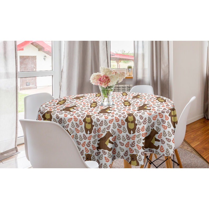 Ambesonne Bear Round Tablecloth, Repetitive Cartoon Forest Animal Illustration, Circle Table Cloth Cover For Dining Room Kitchen Decoration, 60", Chocolate Multicolor