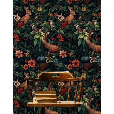 «Woodland Animals», peinture murale rétro «Peler et coller», art mural pour enfants, cerf et fleurs