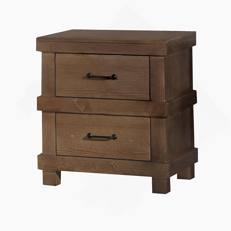 Table de chevet au fini chêne antique avec deux tiroirs fonctionnels, un fonctionnement en douceur, des détails élégants et des poignées en métal élégantes pour la chambre à coucher