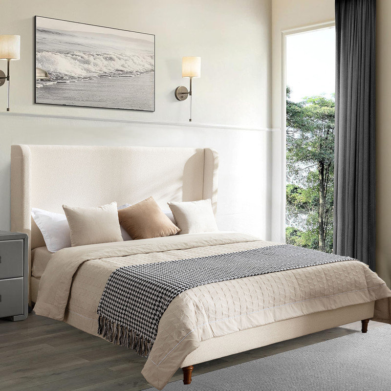 Tall Headboard Upholstered Bed,54" High Headboard,No Box Spring Needed,Easy Assembly, Ivory, Queen