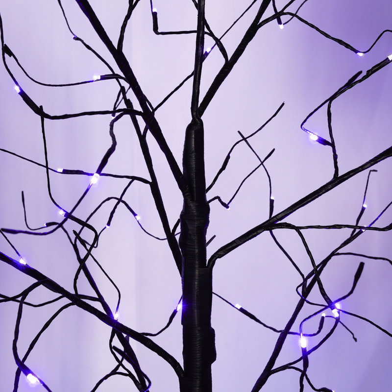 3 arbres avec lumières mauves - arbres artificiels noirs de 4 pi, 5 pi et 6 pi pour des vitrines créatives, pièce de système de branche articulée éclairée Spooky Glow, décor de maison hantée, vinyle ignifuge