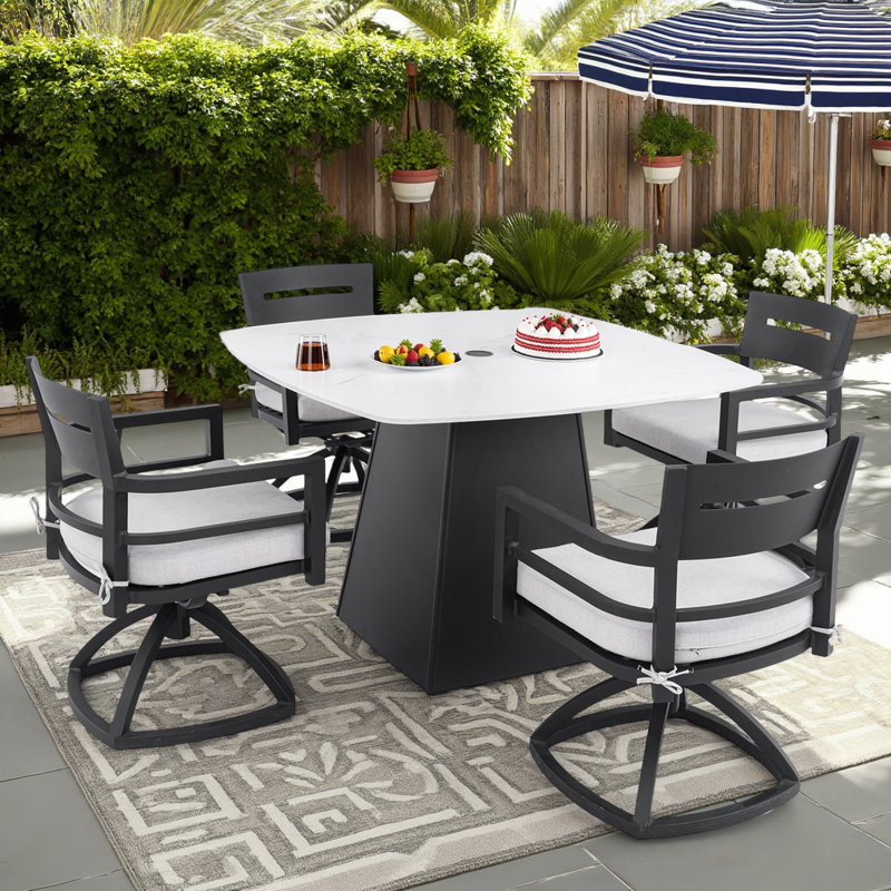 Ensemble de patio moderne 5 pièces - table en marbre grec et chaises pivotantes à 360 ° - aluminium toutes saisons et tissu Sunbrella