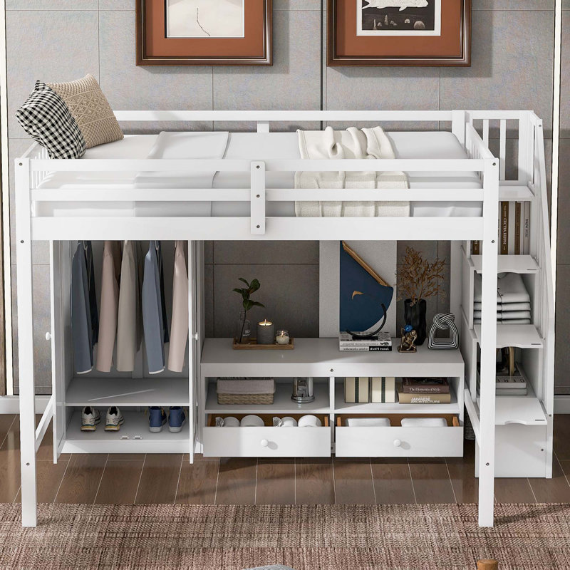 Structure de lit double pleine grandeur avec garde-robe, table de rangement basse et escalier de rangement, Blanc
