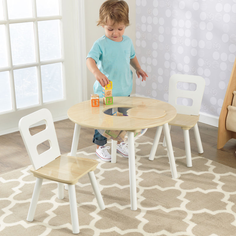 Kids 3 Piece Round Table and Chair Set, White/Natural