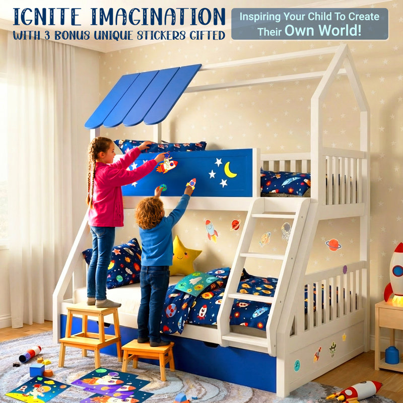 Twin over Full Kid Bunk Bed with Stair and 2 Spacious Drawers for Storage, Pine Wood, 16" Guardrails and Safe Stairs, Non Toxic, No Box Spring Needed