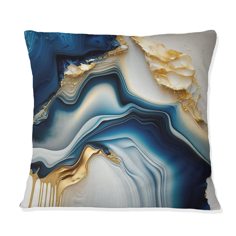 Abstract Geode Gold And Blue Marble II - Abstract Marble Printed Pillow, 18"H x 18"W