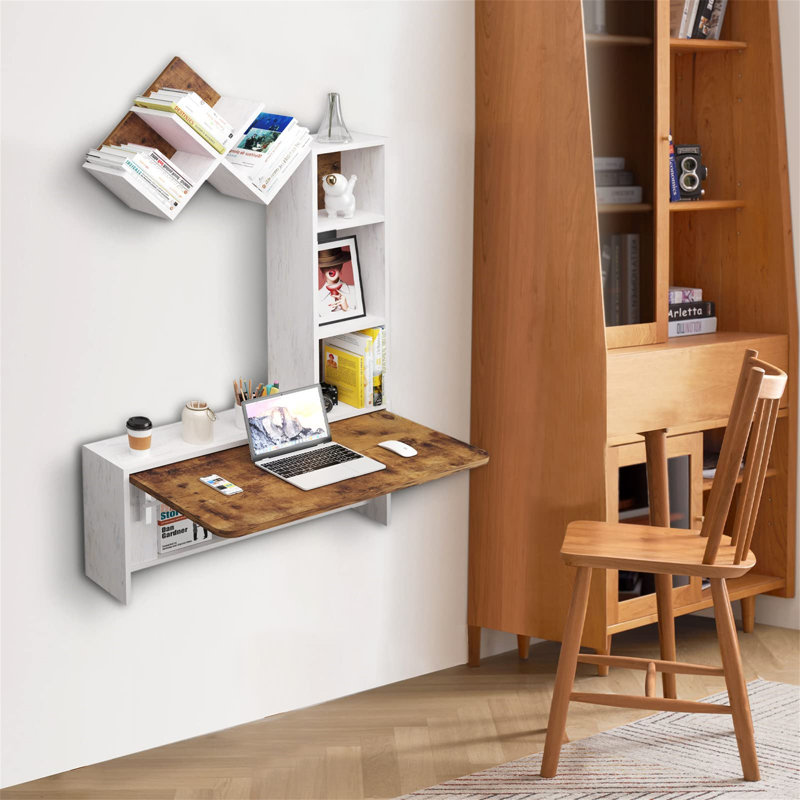 Folding Wall Mounted Drop Leaf Table, Foldable Desk With Moveable Cabinets, Floating Laptop With Convertible Storage Shelves, Multifunctional Computer Workstation In Home For Space Saving
