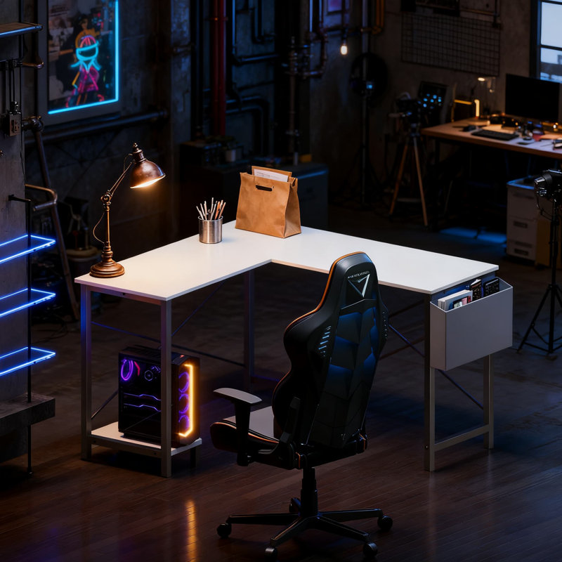 Bureau de jeu en L avec sac de rangement et support pour unité centrale, bureau d'ordinateur de coin de 50 pouces pour le bureau à domicile, le bureau et les petits espaces