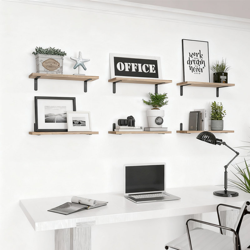 6 Pack Wood Floating Shelves 16.5X6 Inch, Rustic Farmhouse Wall Shelves With L-Shaped Brackets, 40Lb Capacity Storage Shelves For Bathroom Bedroom Living Room