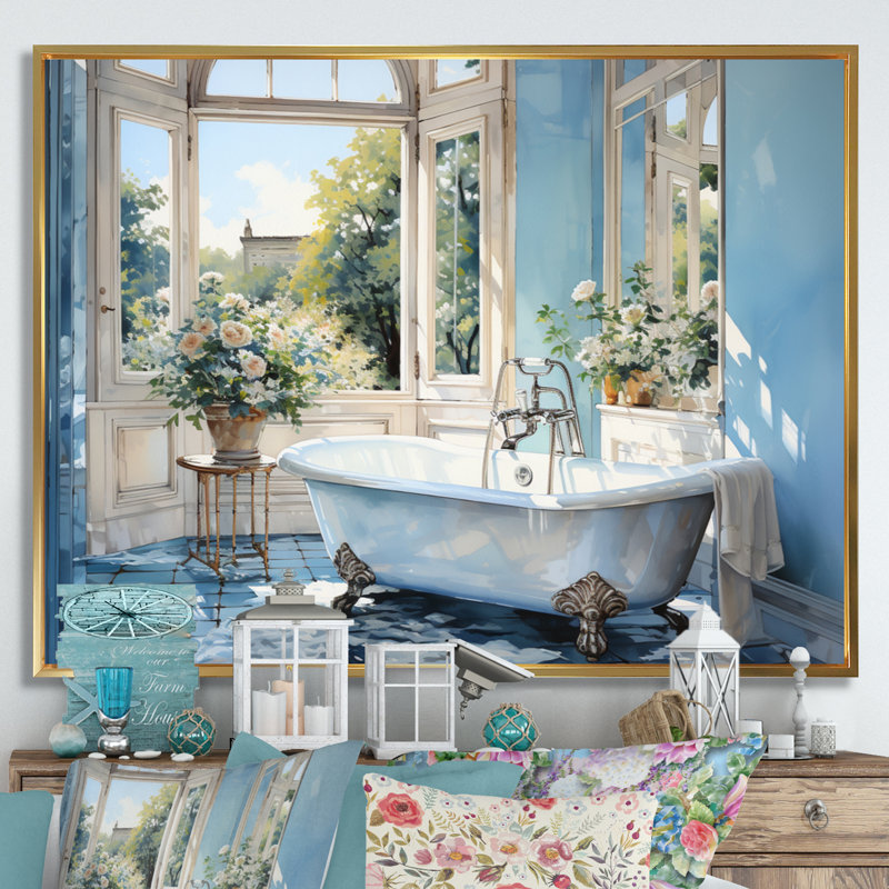 «Bathroom Tranquil Reflections I» - décoration murale pour salle de bain, H 16 po x l 32 po x P 1 po, Cadre flottant doré