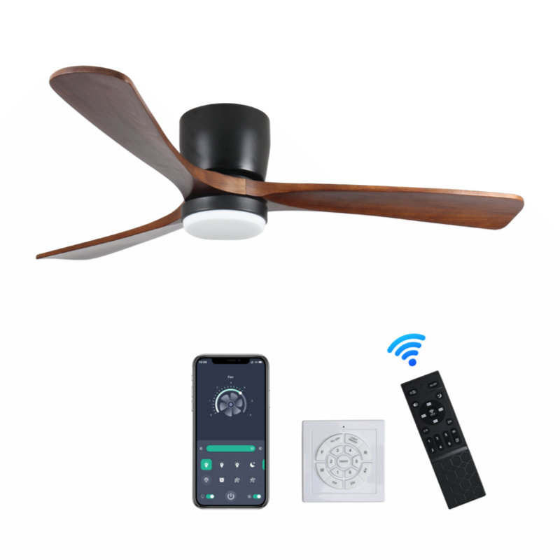 Ventilateur de plafond Lahni avec lumières, télécommande, 6 vitesses et moteur CC réversible, Noir / pales en bois noir, 52"