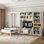 Lit escamotable simple en bois avec meuble télé, 2 tiroirs, tablettes et armoires, blanc