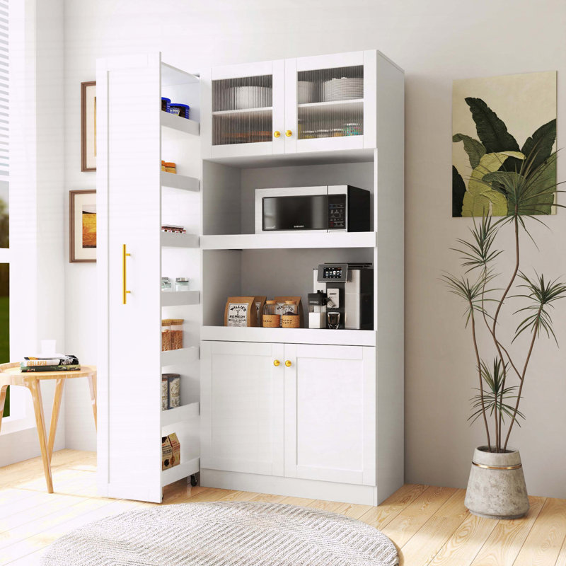 Armoire de rangement Farmhouse avec tablette de rangement coulissante à plusieurs niveaux et 4 portes, Blanc