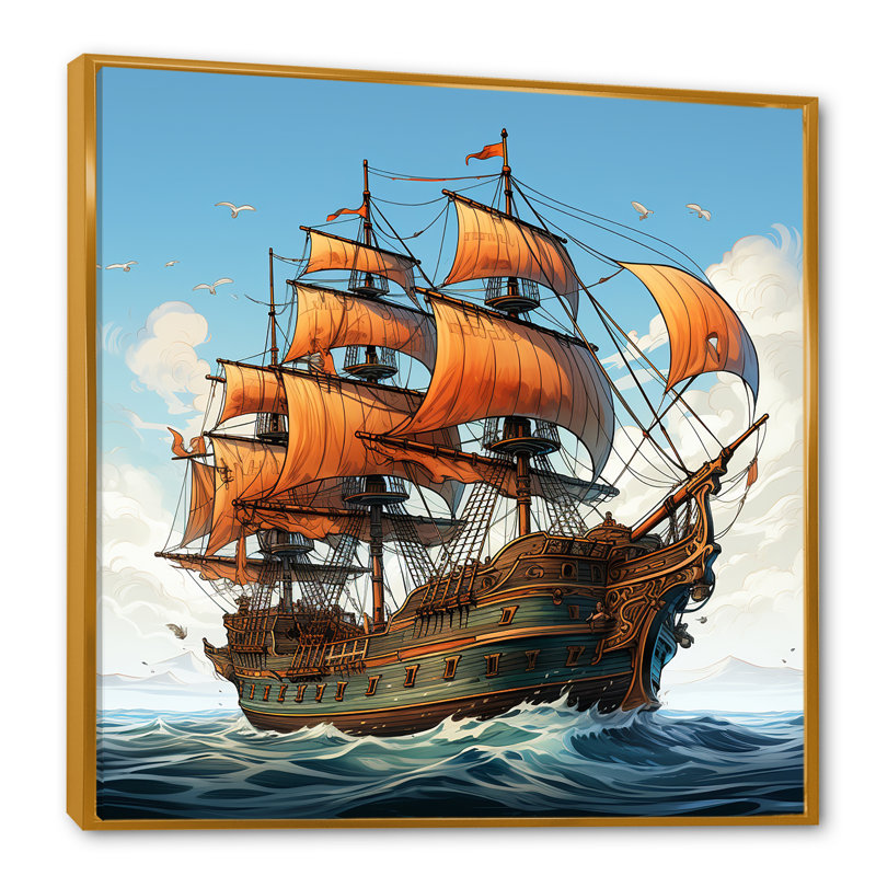 Dessin d'aventure, bateau pirate - Art mural, Cadre flottant doré, H 16 po x l 16 po x P 1 po
