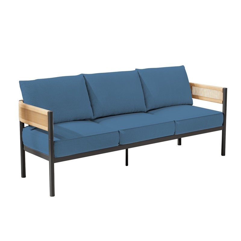 Maine 3-Person Wicker Outdoor Sofa, Peacock Blue Cushion/Natural Arm