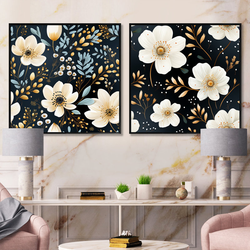Ezio - Ensemble de 2 collages carrés floraux, Cadre flottant noir, H 16 po x l 33 po
