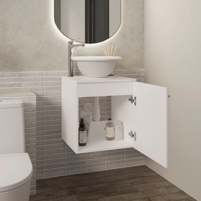 Clyde Floating, Wide One-Door Cabinet Vanity, With Wessel Sink And One Shelf, Bathroom Storage, White, White