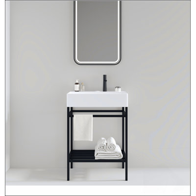 Meuble-lavabo 24 po avec lavabo en céramique, ensemble de lavabo console sur pied, lavabo rectangulaire en céramique blanc brillant sans robinet, pieds en métal ouverts, tablettes de rangement, noir
