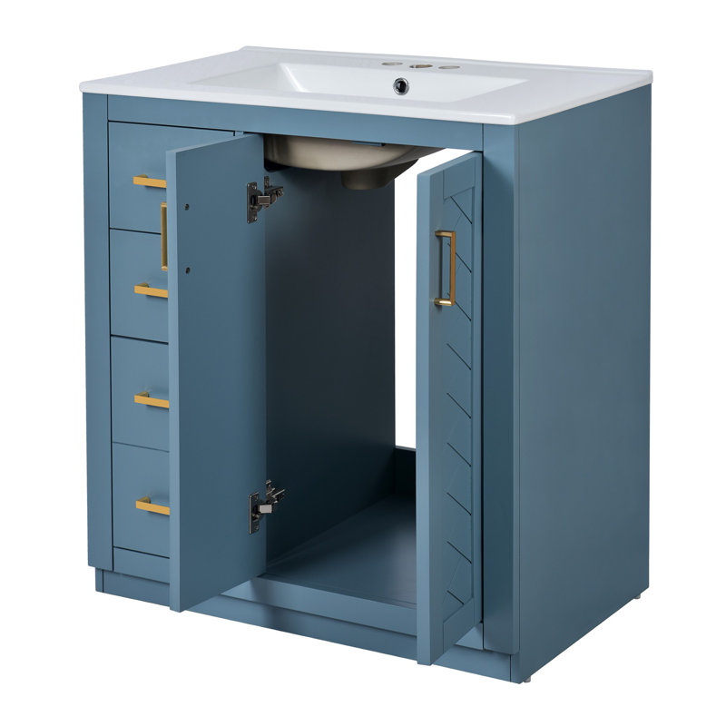 Ensemble de meuble-lavabo moderne avec lavabo en céramique, meuble de rangement pour salle de bain, meuble-lavabo autoportant avec 3 tiroirs et portes à fermeture douce