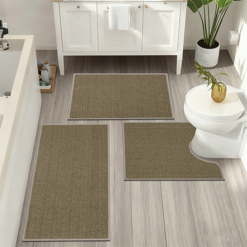 3 Piece Soft Absorbent Microfiber Bath Rug Set With Non-Slip Backing, Gold/Gray