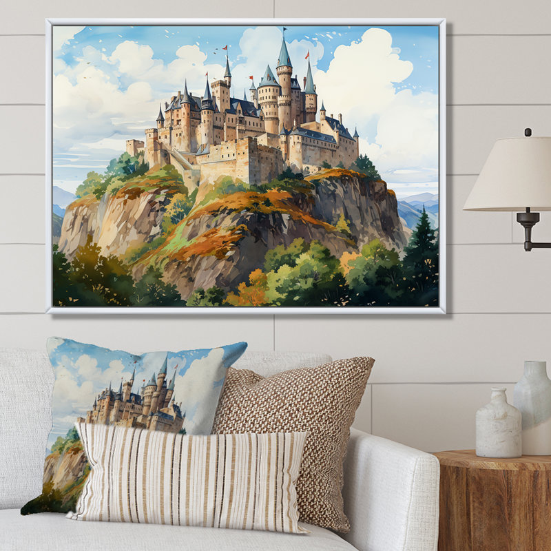 «French Castle Mountain Views - Châteaux», art mural, H 24 po x l 32 po x P 1 po, Cadre flottant brun
