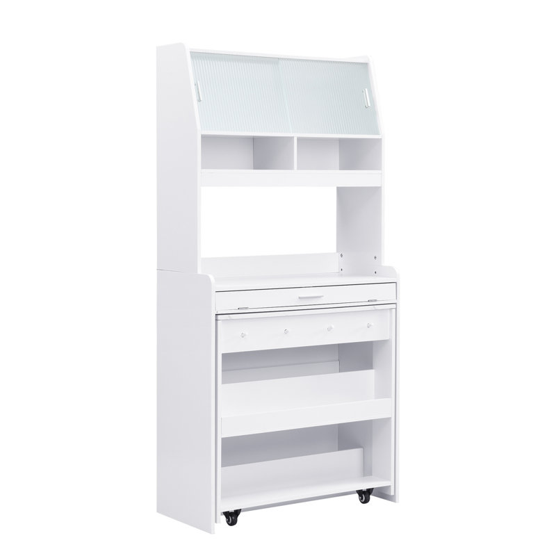 A Foldable Dining Table With A Top Cabinet And A Multi-Functional Sideboard, White