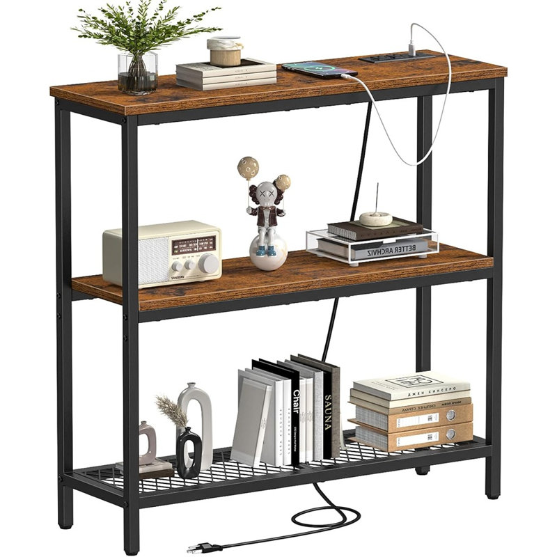 Console étroite à 3 niveaux avec prises électriques, station de recharge USB, style brun rustique avec structure en métal